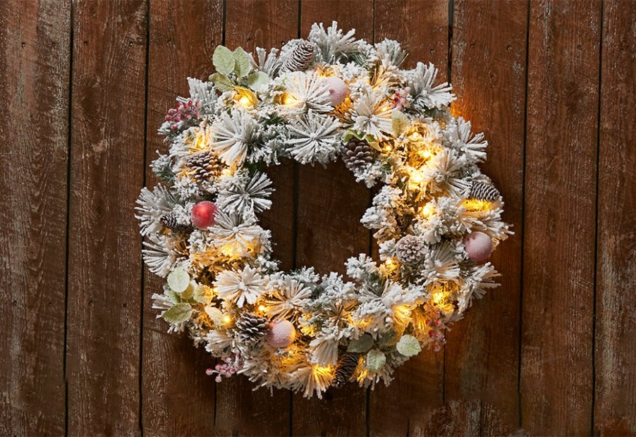 Outdoor Living Camelot SI, LLC | 30" White Flocked Cordless Pre-Lit Indoor/Outdoor Wreath